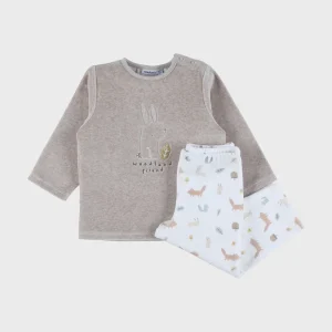 Pyjama 2 pièces en velours beige avec broderie lapin