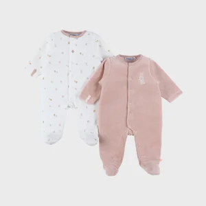 Lot de 2 pyjamas en velours bébé rose et blanc brodé