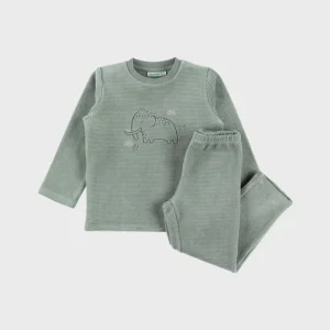 Pyjama 2 pièces en velours vert avec broderie mammouth