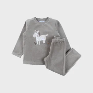 Pyjama 2 pièces en velours kaki avec broderie zèbre