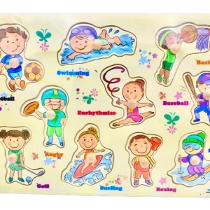 Puzzle éducatif en bois à bouton – 10 Sport – Anglais