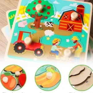 Puzzle à Boutons en Bois 4 la ferme pour Bébé 12 mois