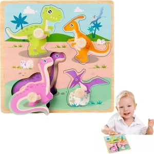 Puzzle à Boutons en Bois 4 Dinosaures pour Bébé 12 mois
