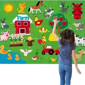 Tableau mural éducatif en feutre avec animaux de la ferme.